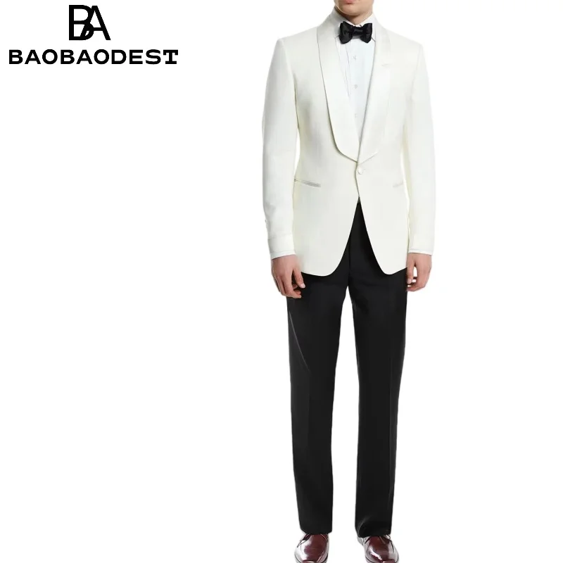

Slim Fit Casual Men's 2 Pieces Suit White One Button shawl Lapel Blazer Black Pants Business Suit Formal Groom Tuxedos