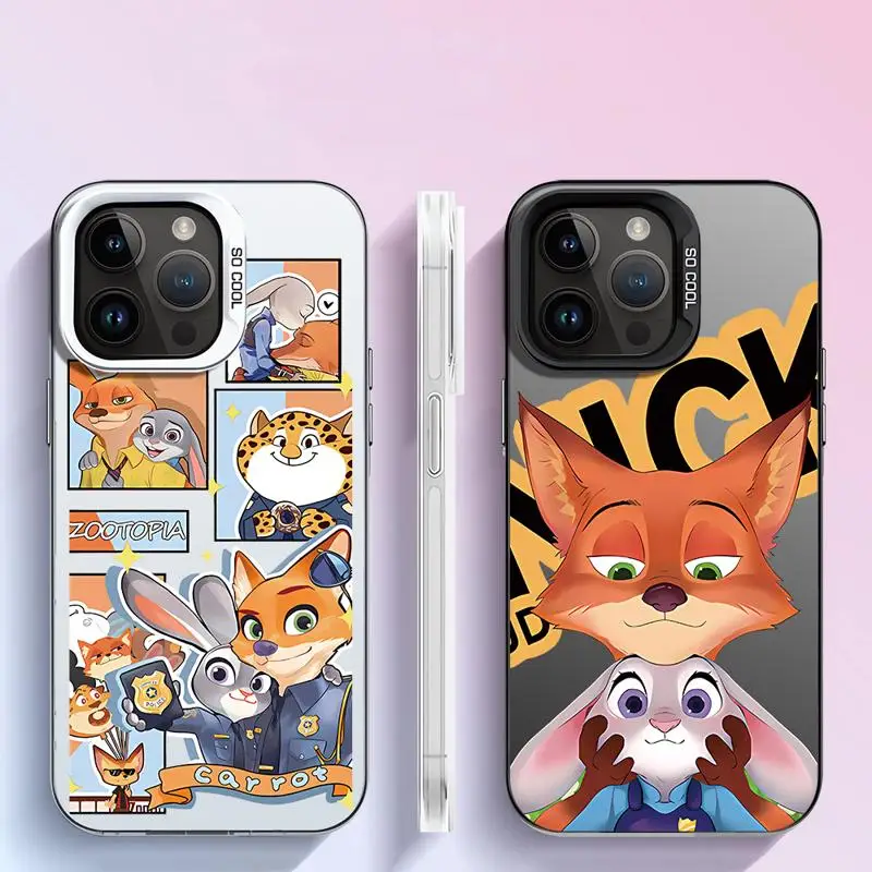 Matte Phone Case for Apple iPhone 15 14 13 12 11 pro Max 15plus 14plus Disney Zootopia Nick Judy Colorful Silver Acrylic Cover