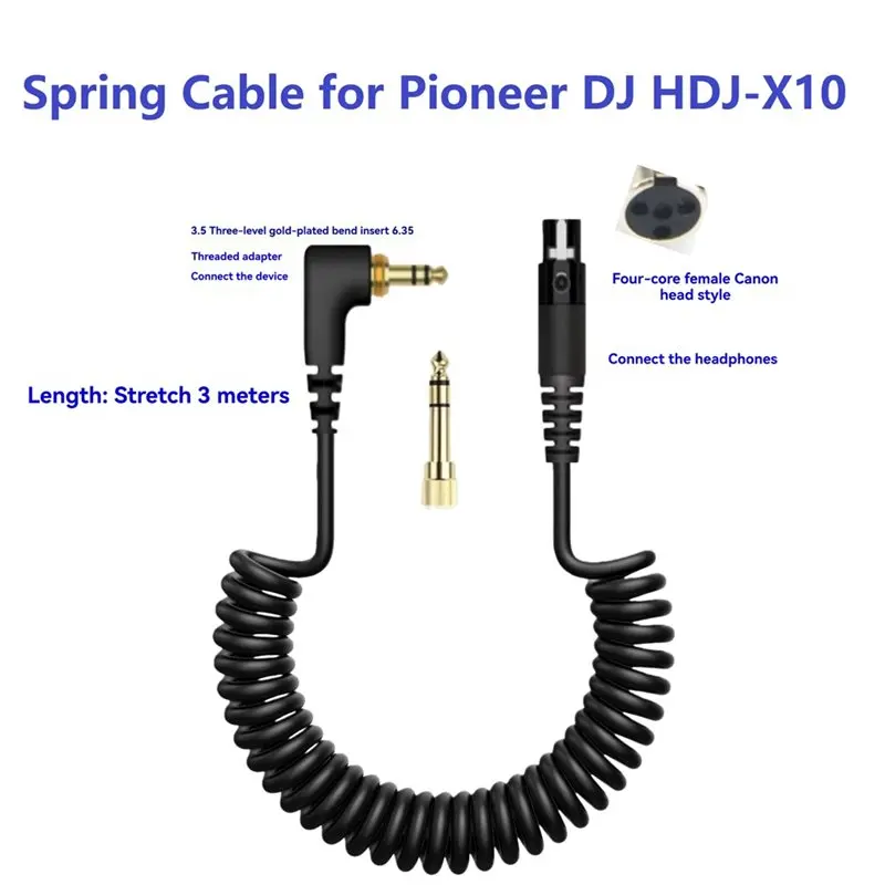 A33T Spring Coiled Cable for Pioneer DJ HDJ-X10 Headphones Replacement Audio Cable 3.5mm to Mini XLR with 6.35mm Adapter