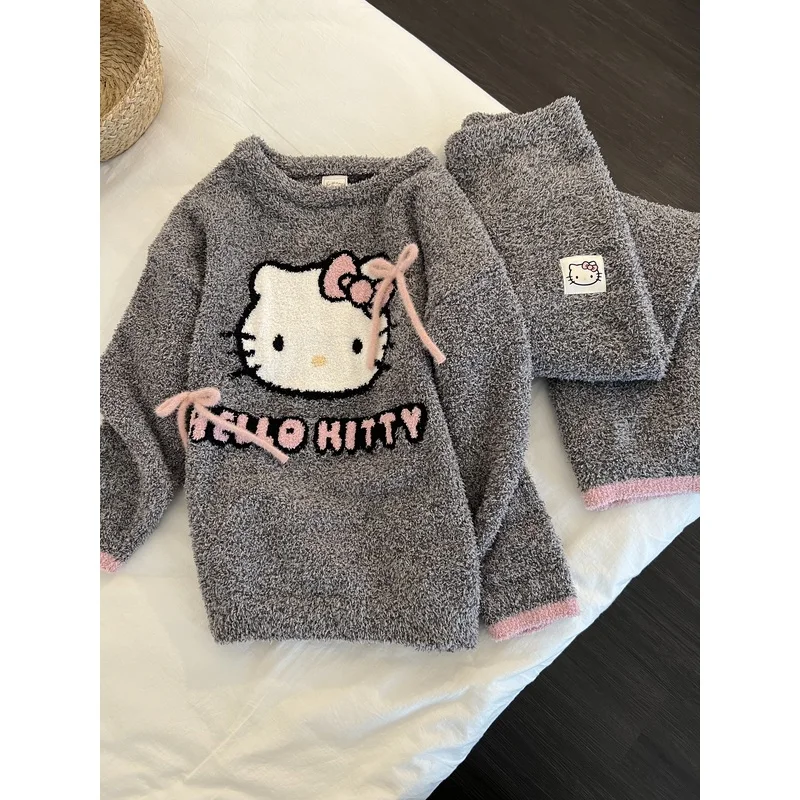 

Kawaii Hello Kitty Plush Long Sleeve Pants Pajama Set Sweet Girl Heart Cartoon Plus Fleece Thickened Warm Home Clothing