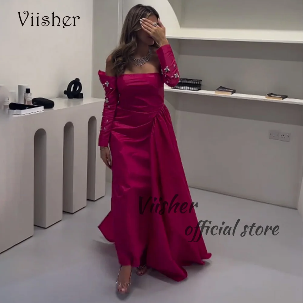 

Viisher Purple Taffeta Mermaid Evening Dresses Beads 3/4 Sleeve Strapless Dubai Arabia Prom Party Dress wuth Train