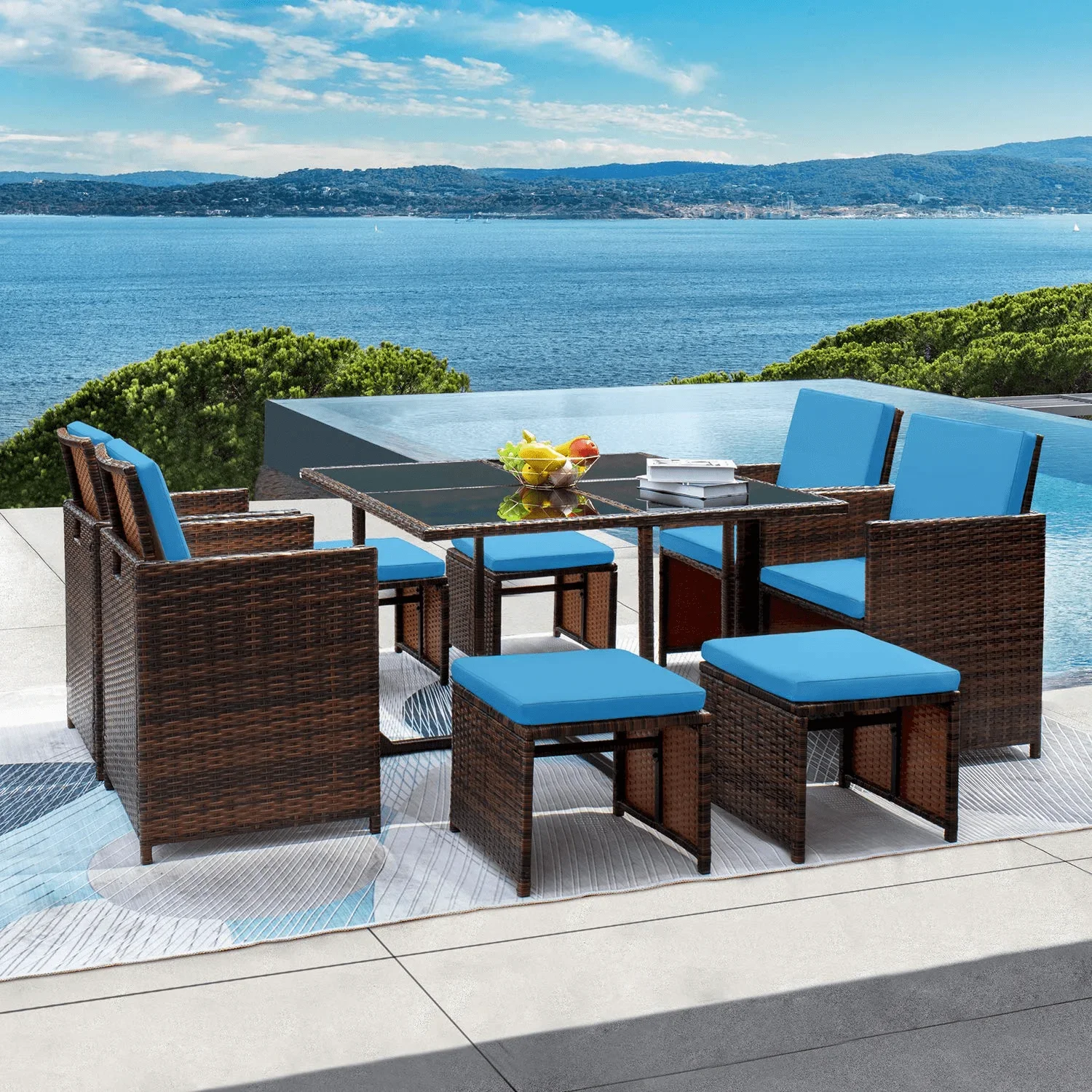 9 Pieces Patio Dining Sets Outdoor Wicker Rattan Chairs and Tempered Glass Table Sectional Conversation Set with Ottoman