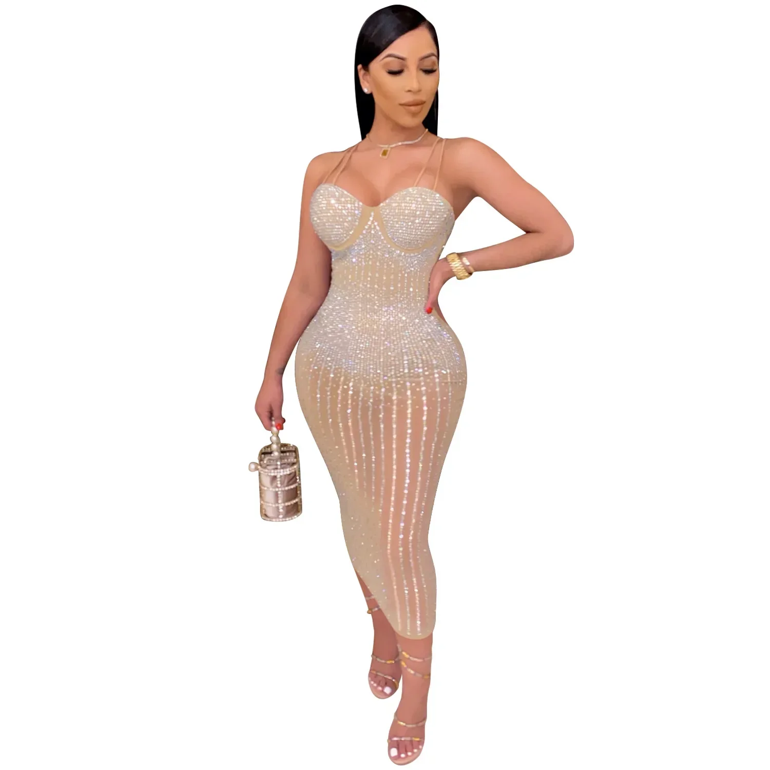 Women's Clothing Party Nightclub Mesh Rheinstone Sleeveless High Waist Ankle Length Bodycon Slim Dress