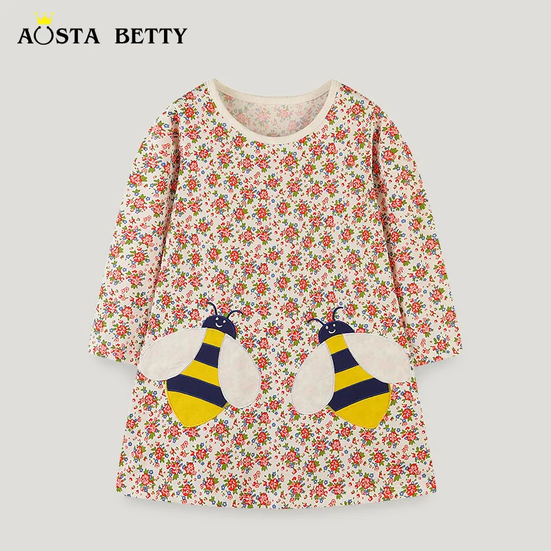 

Autumn Dress for Girls in The Little Child Foreign Style Round Neck Floral Skirt Baby Bee Patch Cloth Children's