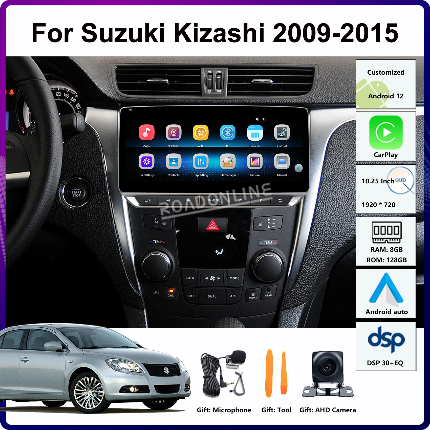 

10,25 "Android 12 для Suzuki Kizashi 2009-2015 8-ядерный 1920*720 GPS Автомобильный мультимедийный плеер стерео радио приемник беспроводной CarPlay