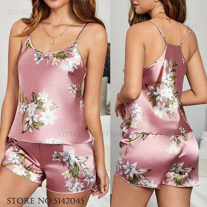 

Summer Female Pajama 2PCS Sleep Set Sexy Print Flower Strap Top&shorts Intimate Lingerie Silky Satin Home Clothing Loungewear