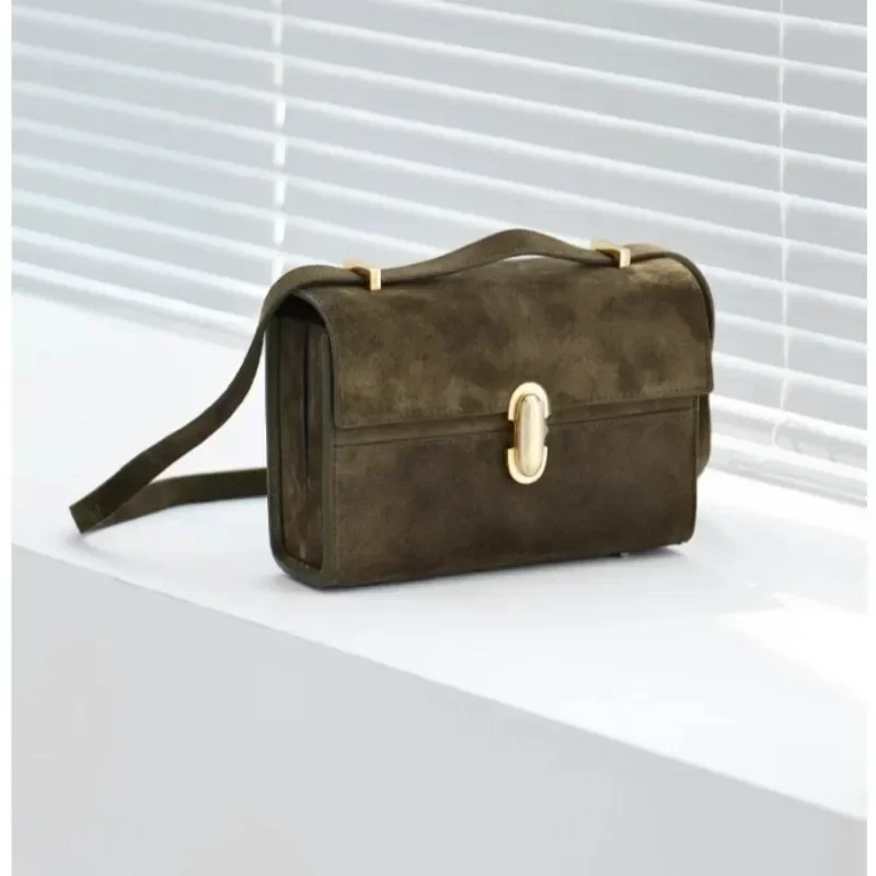 Premium Feeling Suede Handle Small Square Bag French Simple Cowhide Leather Crossbody Shoulder Bag