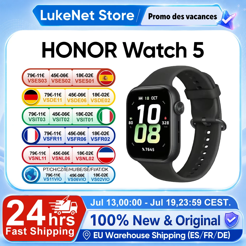Montre Honor 5, analyse de la santé, suivi GPS précis, écran AMOLED plus grand de 1,85 pouce, 60 Hz, 5 ATM, IP68, BT5.2, batterie longue durée de 15 jours