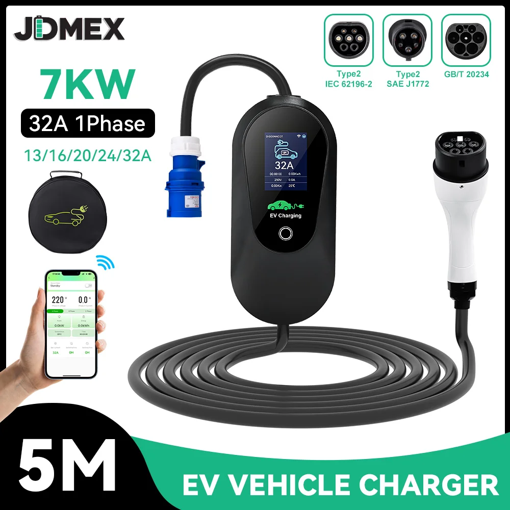 

JDMEX 7KW Portable EV Charger Type2 Type1 32A Fast Charging GBT Wallbox Charger 5Meter with APP Control Electric Vehicle Charger