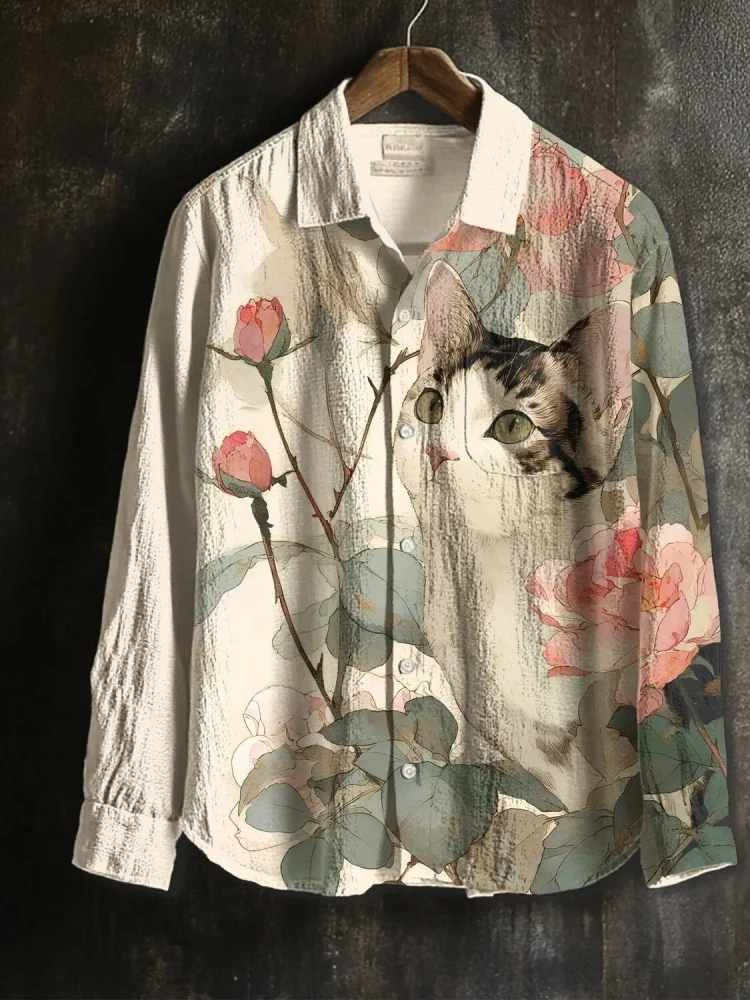 

Мужская рубашка с карманами и длинными рукавами с принтом кота и розы, праздничная осенняя повседневная свободная блузка на пуговицах, 2024, спортивные топы с воротником с лацканами