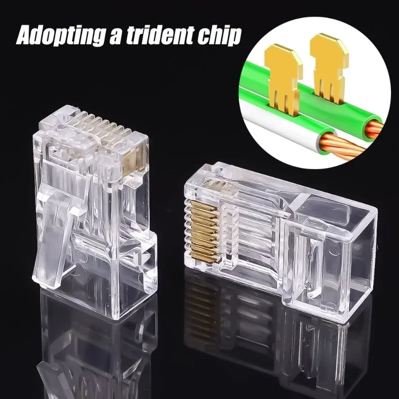 RJ45 Cat6 Pass Through Connectors Crystal End Gold-Plated 8P8C Crimp UTP Standard Ethernet Network Modular Plug for Solid