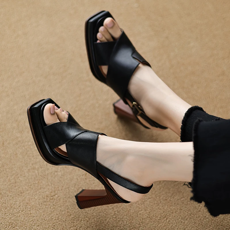 【JOCHEBED HU】Handmade Genuine Leather Summer One-button Thick Open Toe Sexy Professional High Heels Temperament Female Sandals