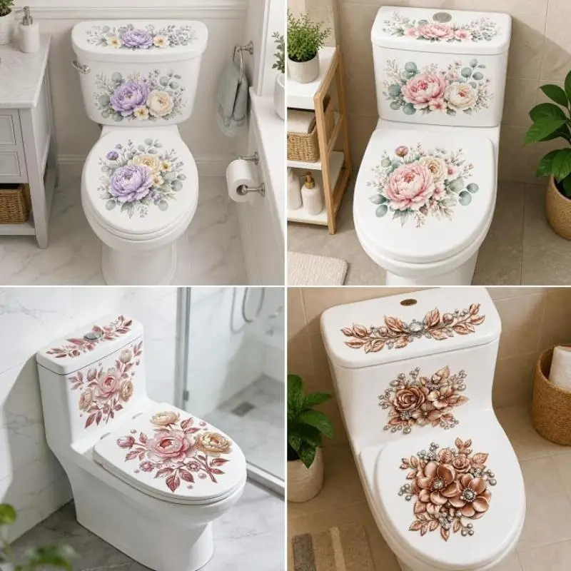 Floral Toilet Sticker Waterproof Bathroom Wall Lid Self-Adhesive Removable: Decals Home Decor