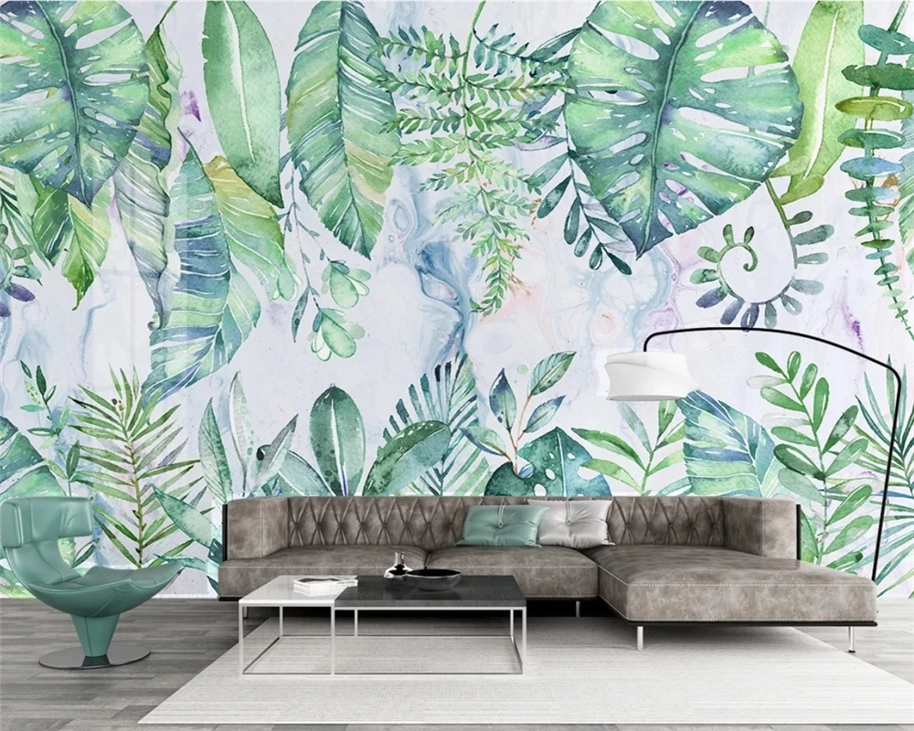 Customized hand-painted fresh wallpaper Nordic tropical plants leaves green Living room TV background wall bedroom restaurant 3d