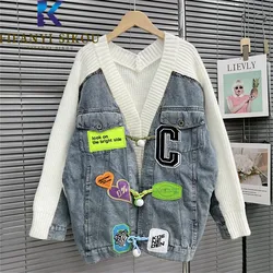 Autumn Winter Cardigan Women Denim Spliced Knitted Sweater Jacket V-Neck Embroidery Fashion Patchwork Sweaters Female Knit Coat