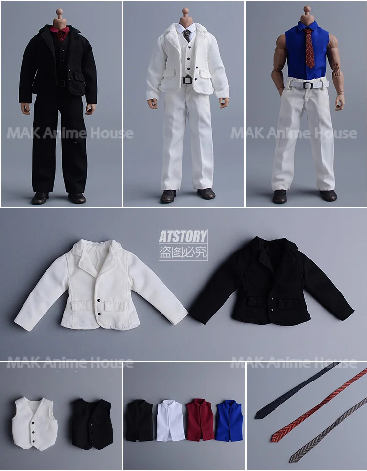 1/12 스케일 조끼 정장 바지 넥타이 흑백 세트 6인치 남성 군인 액션 피규어 바디에 적합