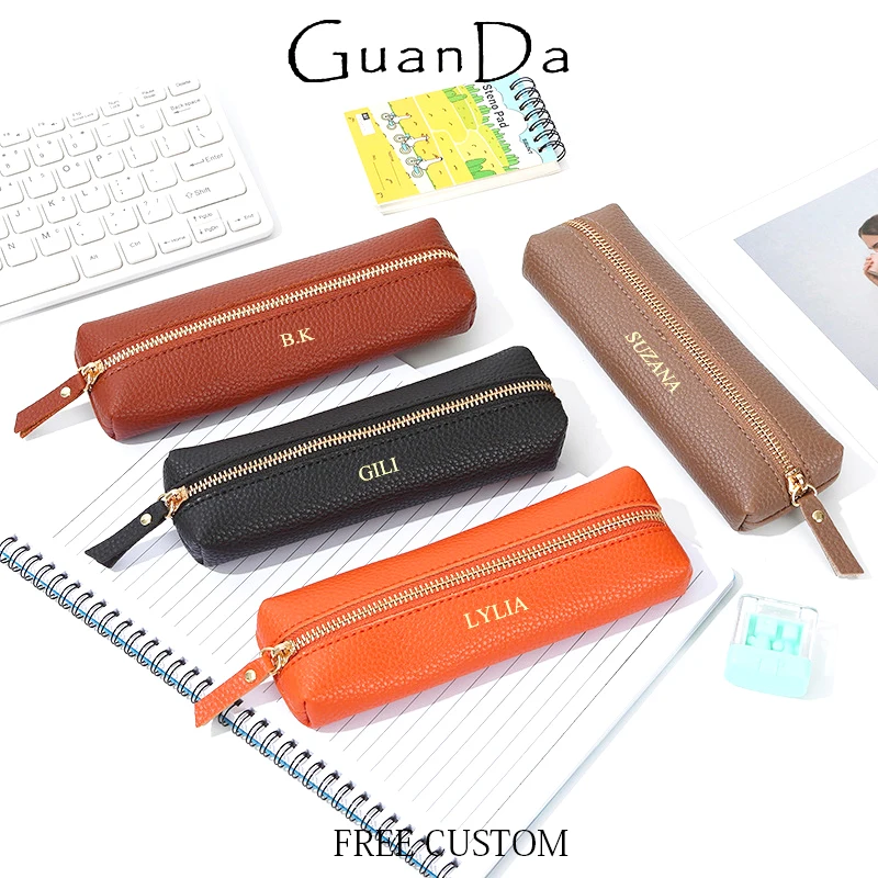 Fashion PU Leather Personalized Pen Pouch Wholesale Student Zip Custom Pen Bag DIY Business Storage Bag Dropship Stationery Gift