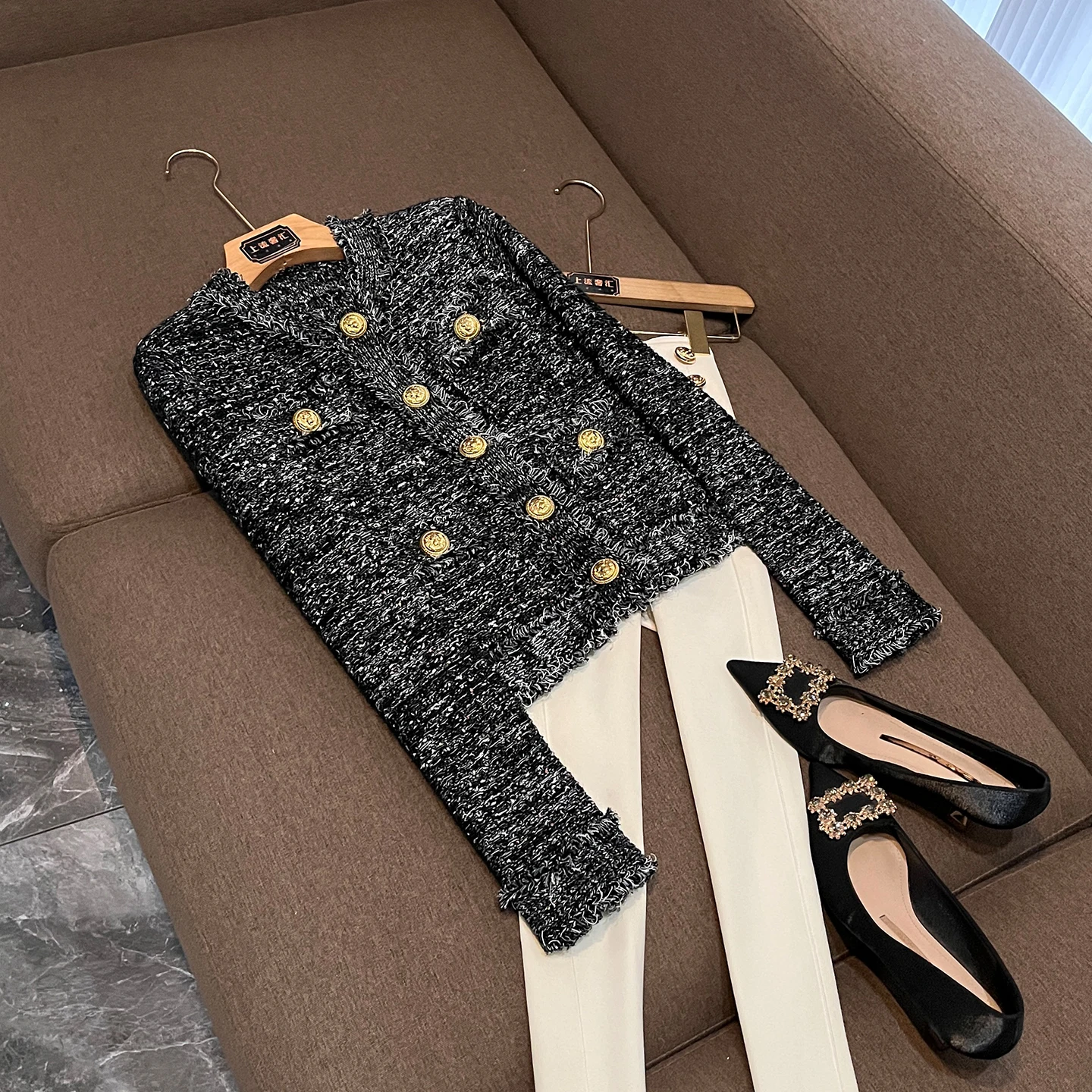 

Осень-зима 202, новое роскошное женское пальто с металлическим синим универсальным верхом, модная твидовая рабочая одежда, длинное полосатое пальто Sve...