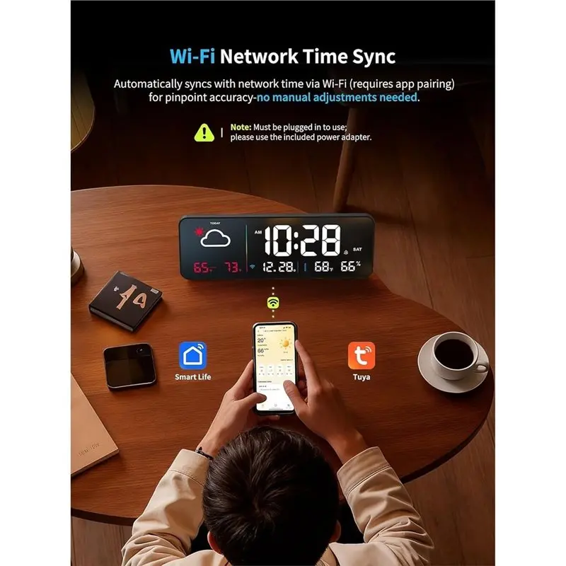 AB46-Digital Wall Clock,Large Display With Network Auto-Synced,Corded Smart LED Alarm Clocks Real-Time Shows Weather,Humidity