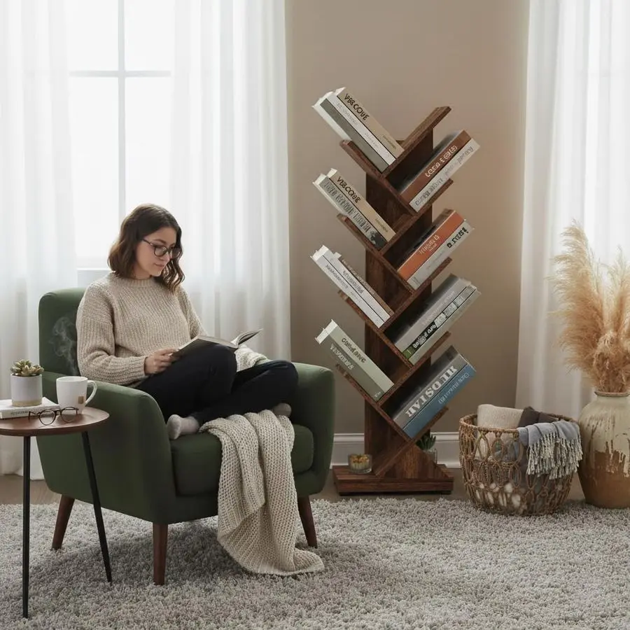 

ruboka 9 Tier Tree Bookshelf, 9 Shelf Floor Standing Bookcase Display for CDs Magazine Books, Retro Bookshelf for Bedroom, Livi