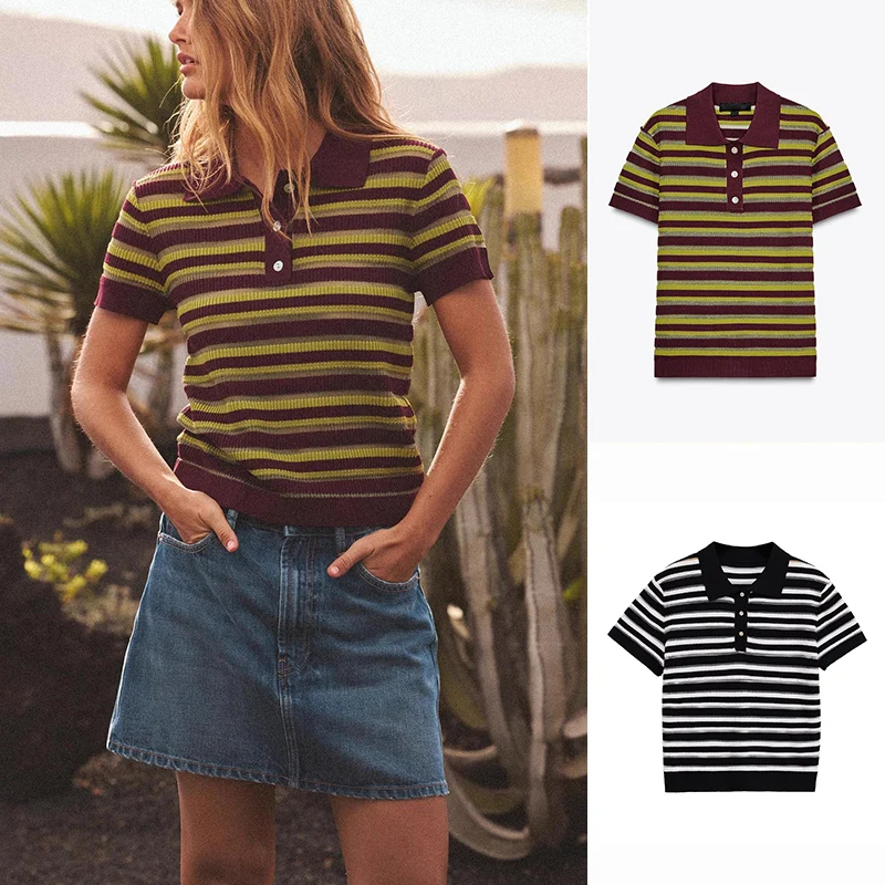 

Новый женский трикотаж в полоску в стиле ретро, украшенный пуговицами, облегающий крой, классический узор, повседневная одежда, полиэфирное волокно