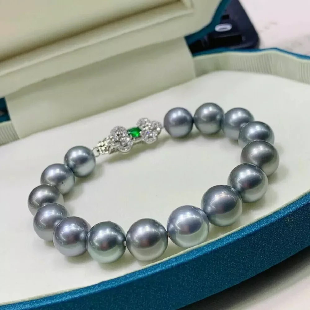 Fashionable AAA+9-10mm 10-11mm11-12mm Natural Grey Round South Sea Pearl Bracelet 7.5-8 inche 925s