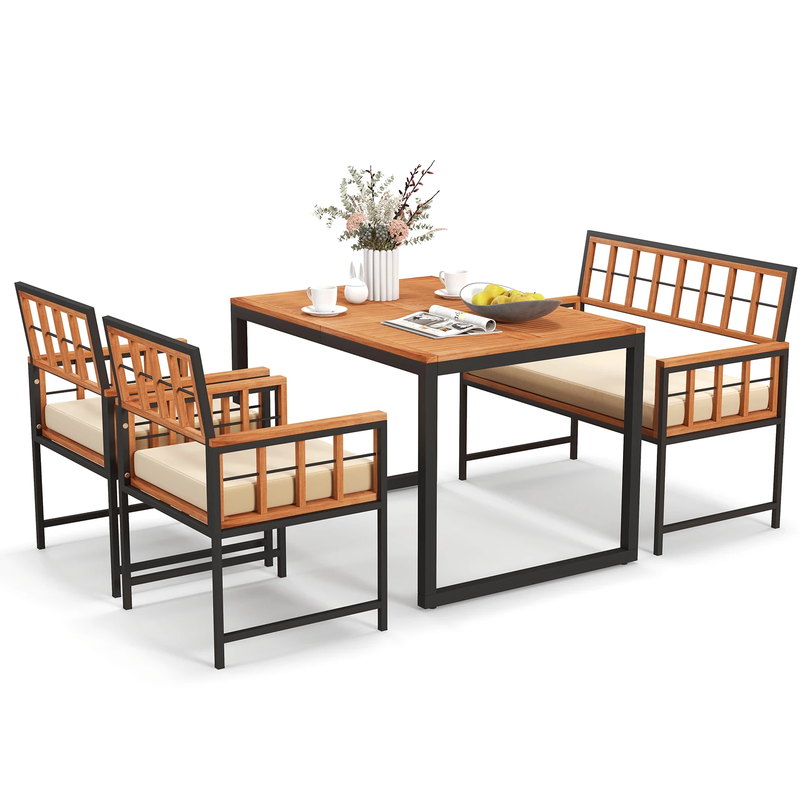 4 Piece Patio Dining Set Outdoor Wood Dining Furniture with 2 Chairs & 1 Loveseat