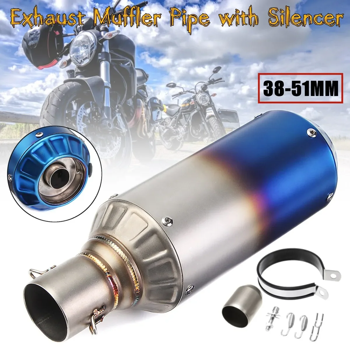 Universal 38-51mm Motorcycle Racing Exhaust Pipe Project Motocross Escape Moto Muffler Acceessories with Silencer Bracket