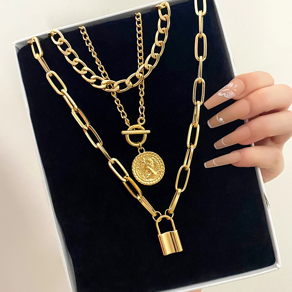 EN Charm Fashion Multilayer Gold Color Thick Chain Lock Pendant Necklace 2022 Jewelry Vintage Coin Choker Necklace for Women