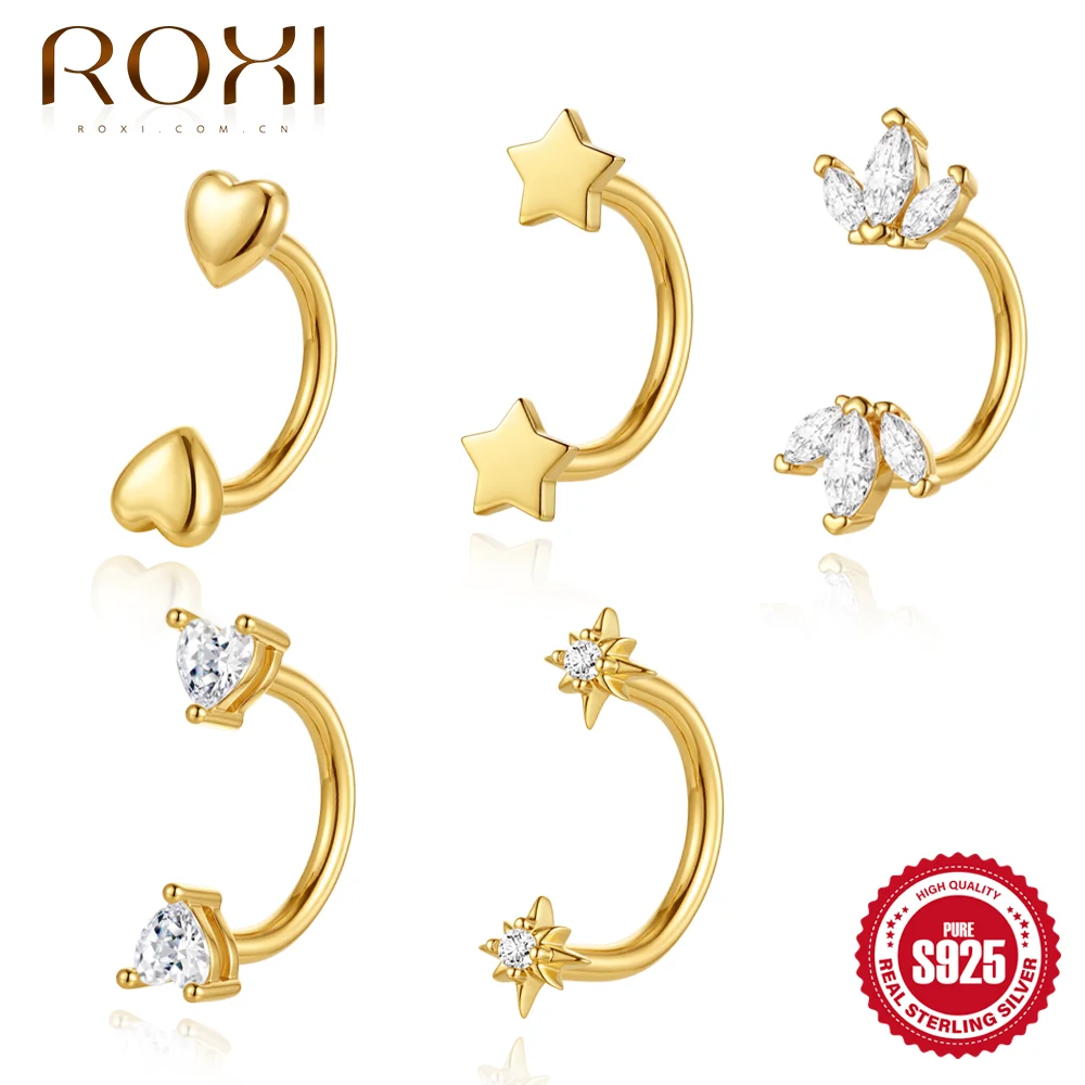 ROXI 1PC S925 Silver Mini Multi CZ Cartilage Stud Heart Star Square Tragus Piercing Simple Earring Daily Occasion Wear