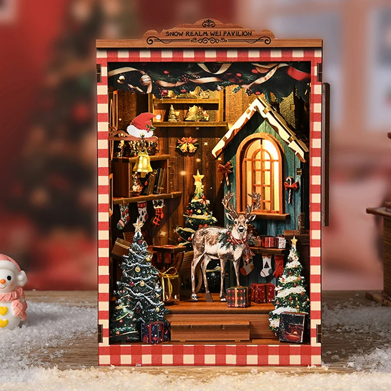 DIY Book Nook ชุดโมเดลไม้จิ๋วสโนว์เรล์ม เวย์ศาลา Bookend 3D ปริศนาชั้นวางหนังสือคริสต์มาสสำหรับของขวัญเพื่อน
