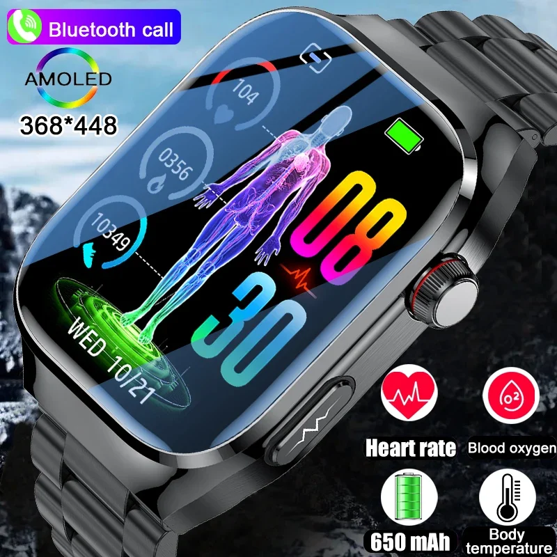 Montre intelligente de sport SOS pour homme, appel Bluetooth, ECG, moniteur d'acide urique et de pression sanguine, AMOLED 2024 ", nouveau, 2.04