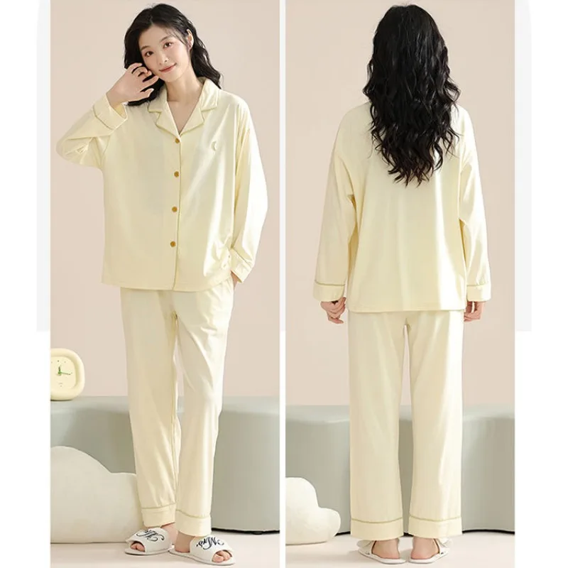 2024 New Pajamas Women's Spring Loungewear Pure Cotton Sleepwear Long Sleeves Autumn Homewear V-neck Loose Simple Nightwear