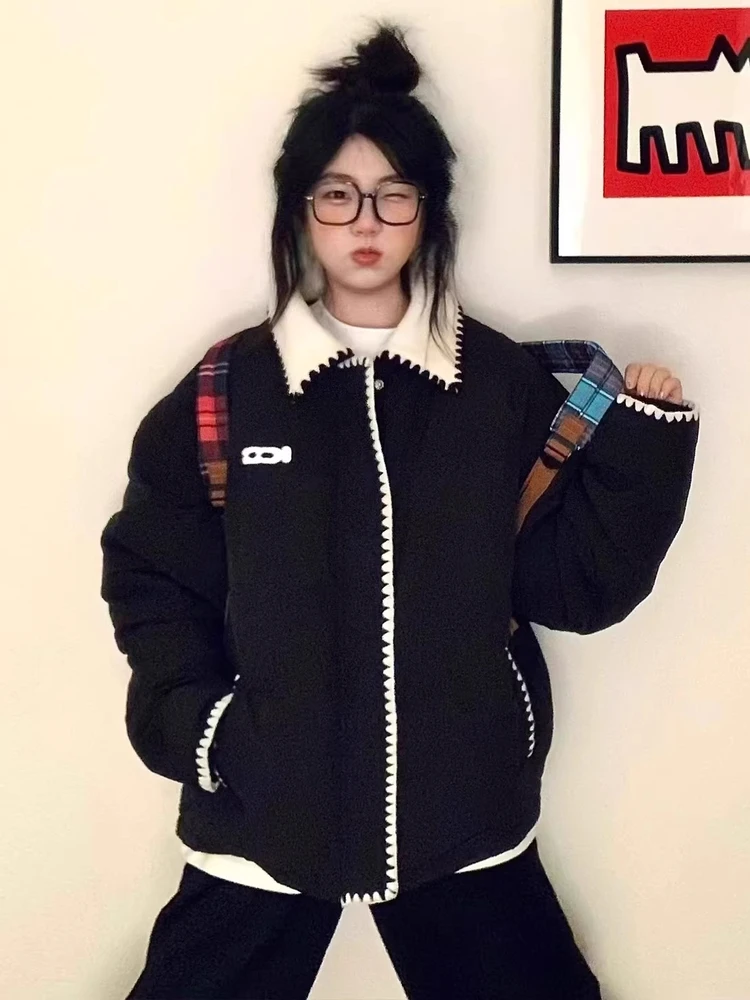 Women's Short  Lamb down Cotton Jacket Thickened Winter Coat Black Korean Style Commute Fashion Low Waist Long Sleeve