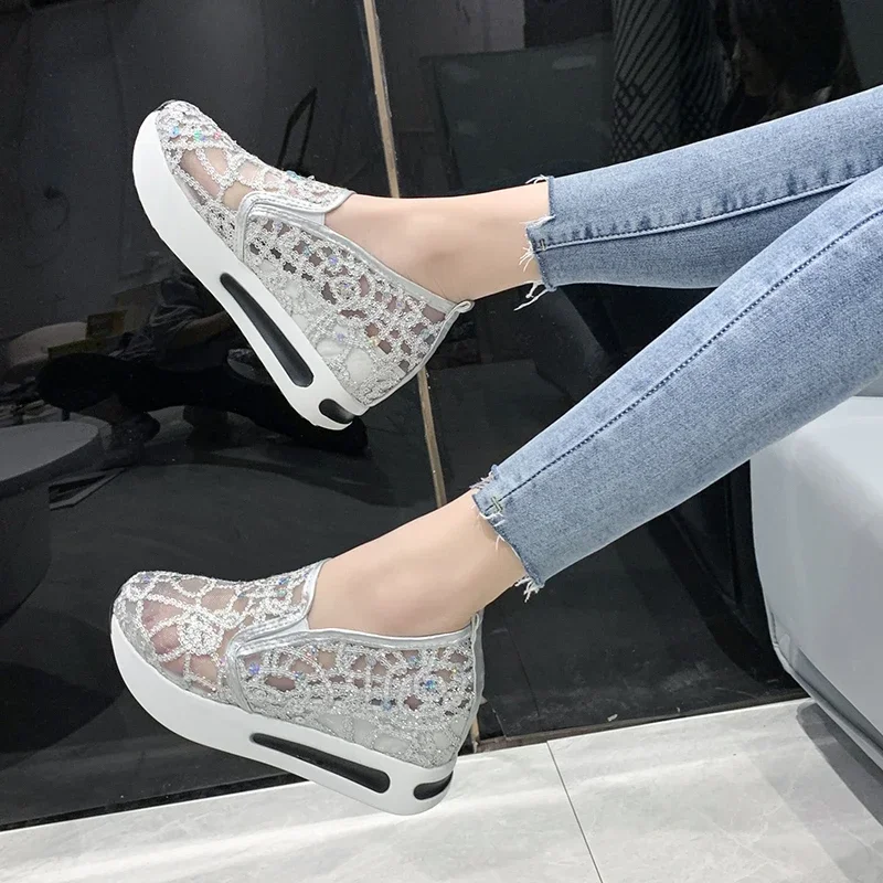 Women Sneakers 2024 Platform Wedge Embroidery Mesh Sneakers Women Slip on Casual Comfy Heeled Shoes for Women Zapatos De Mujer