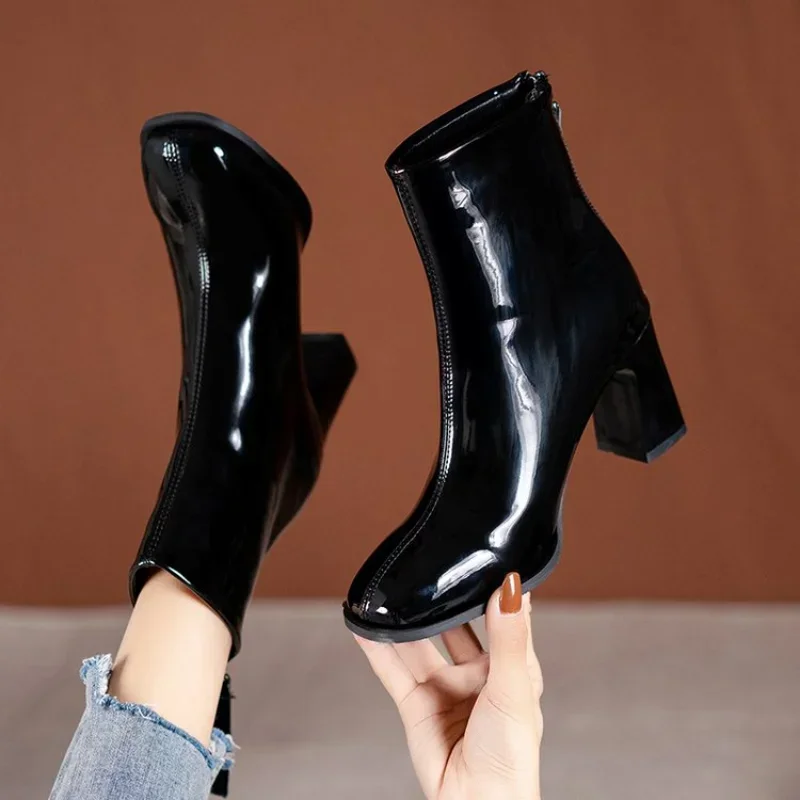 Autumn Winter Ankle Boots Women High Heel Boots Fashion Thick Heel Short Boots Square Shoes Fashion Black Shoes 2024