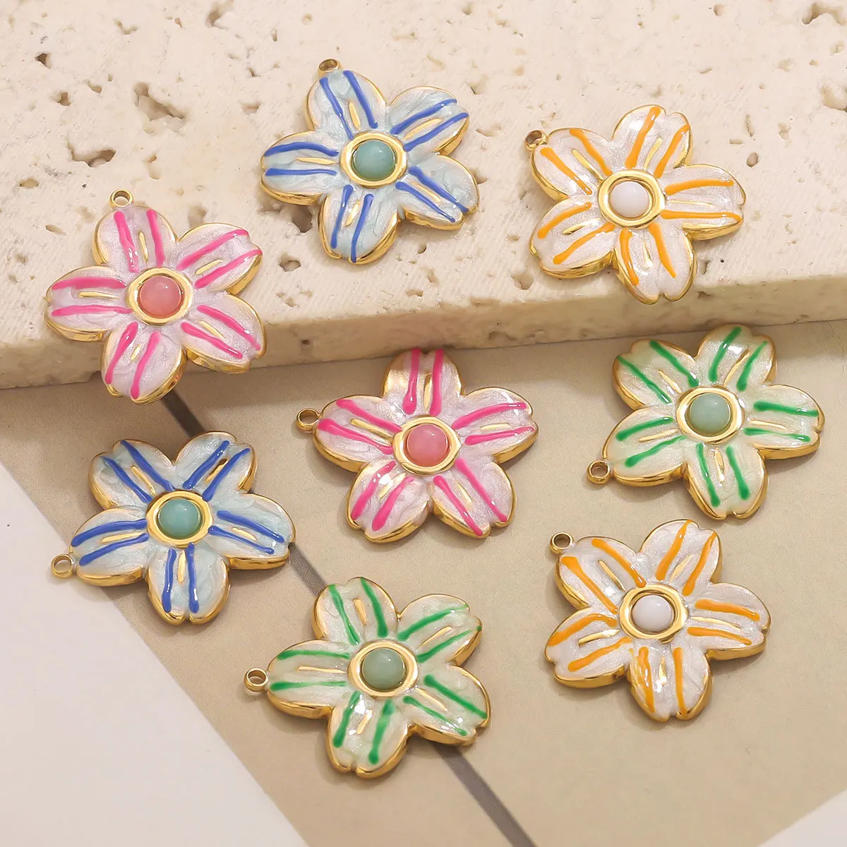 

4Pcs Golden Oil Drip Stainless Steel Flower Pendant Earrings Necklace Jewelry Accessories DIY