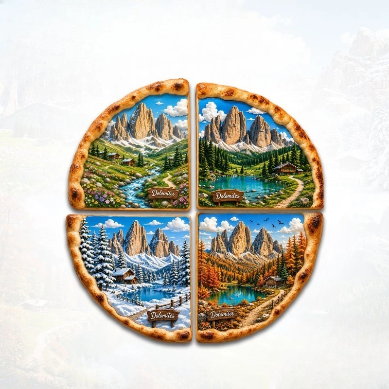 Dolomites Four-Seasons Pizza Fridge Magnet - Creative 3D Italian Souvenir Unique Alpine Gift for Travel & Kitchen Decor