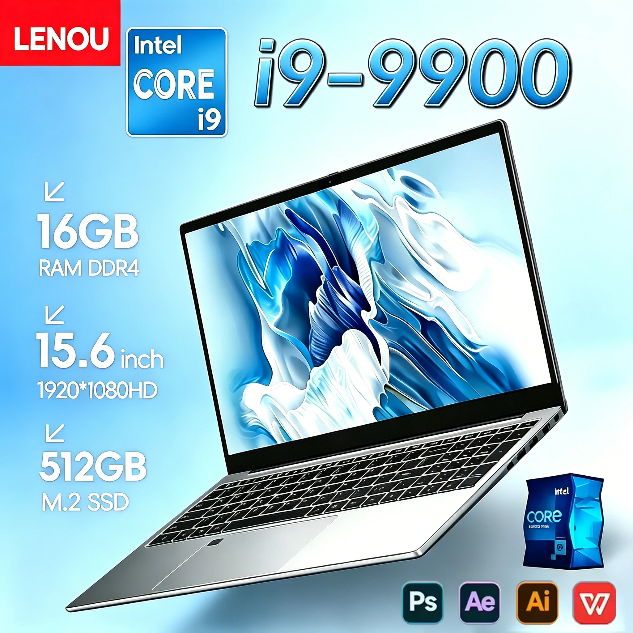 LENO Portátil de 15.6 Pulgadas, Intel Core i9-9900, Windows 11, Pantalla HD, 16GB RAM, 1TB/2TB SSD, Laptop para Negocios y Juegos
