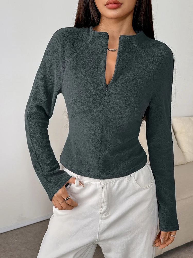 خريف شتاء جديد المرأة رداء علوي من الصوف الشارع الشهير موضة سحابات طويلة الأكمام هوديي عادية سليم الإناث ملابس علوية متعددة الاستخدامات #4