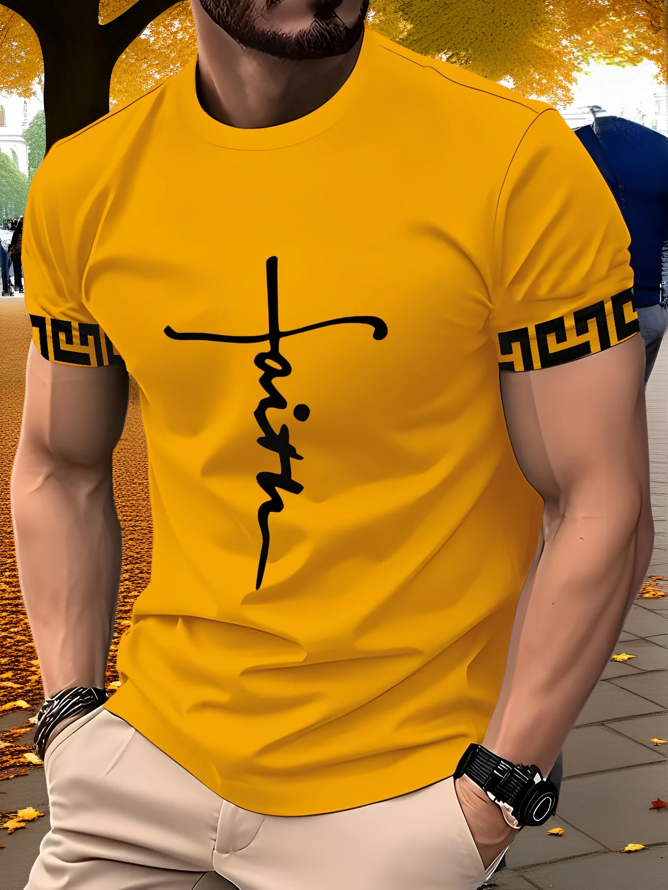 Faith Cross Text Print T Shirt Men Classic Greek Border Cuff Design Crew Neck Short Sleeve Christian Casual Streetwear Tees