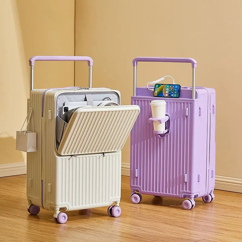 

New Wide Tie Rod Luggage Front Opening Laptop Bag Multifunctional Travel Suitcases 20 inch Cabin Bag Large Size Trolley Case