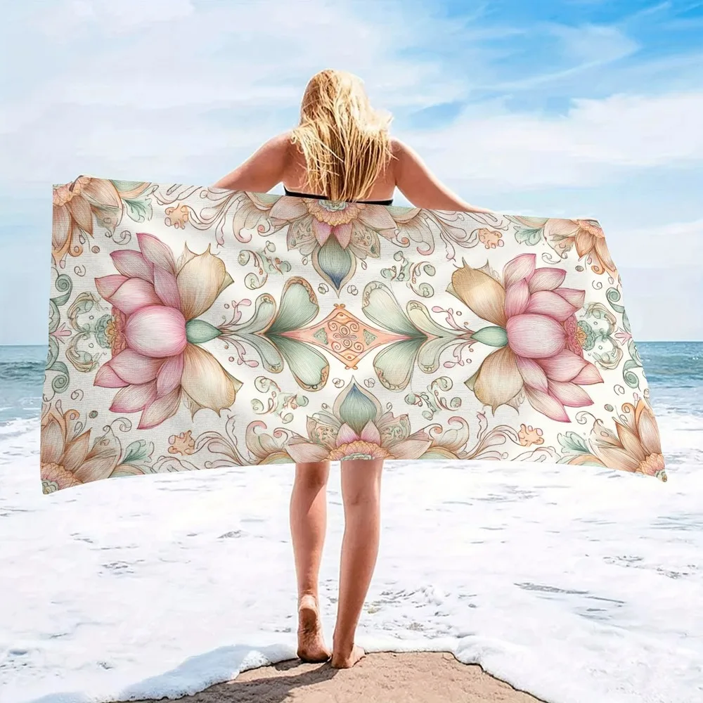 Bohemian Lotus Floral Beach Towel Patterned Sunscreen And Windproof Suitable For Swimming Pool Camping Travel Blanket