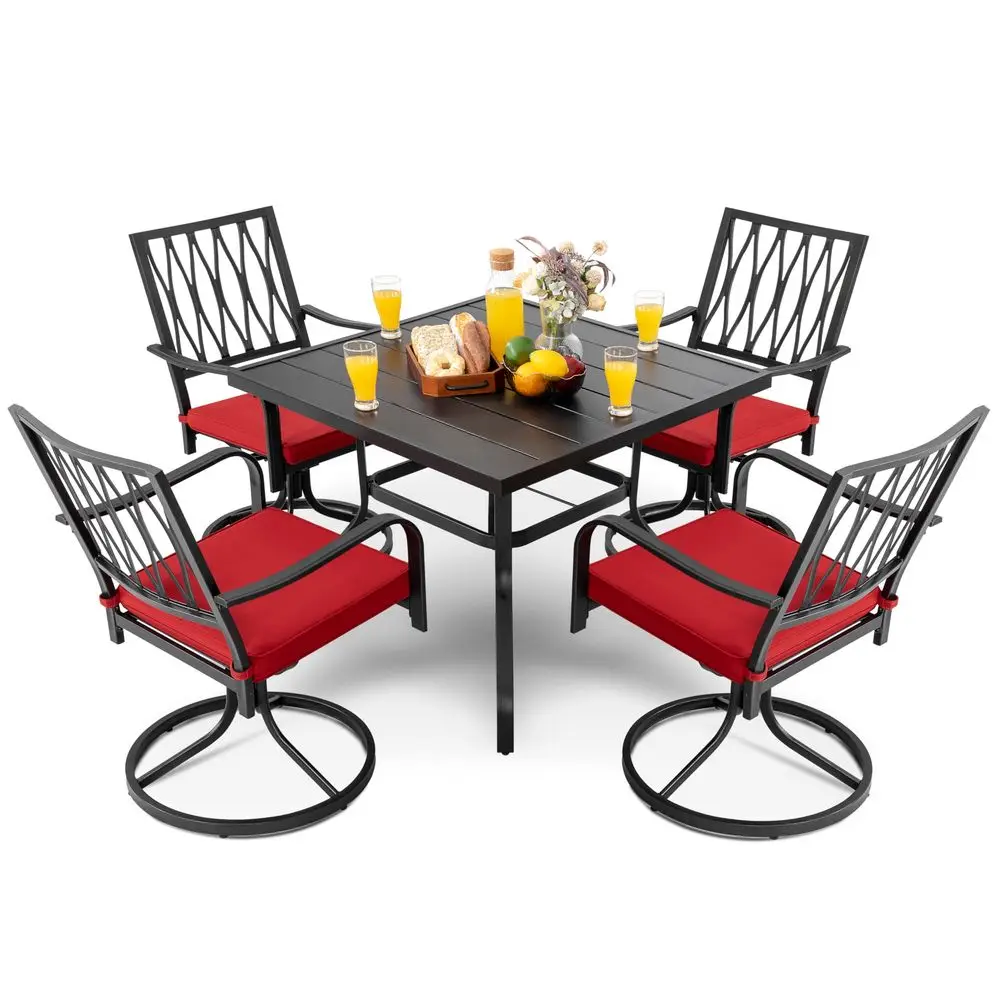 

5 Piece Outdoor Dining Set, Outdoor Furniture Set for Square Iron Umbrella Dining Table and 4 Cushioned Swivel Chairs, Black an