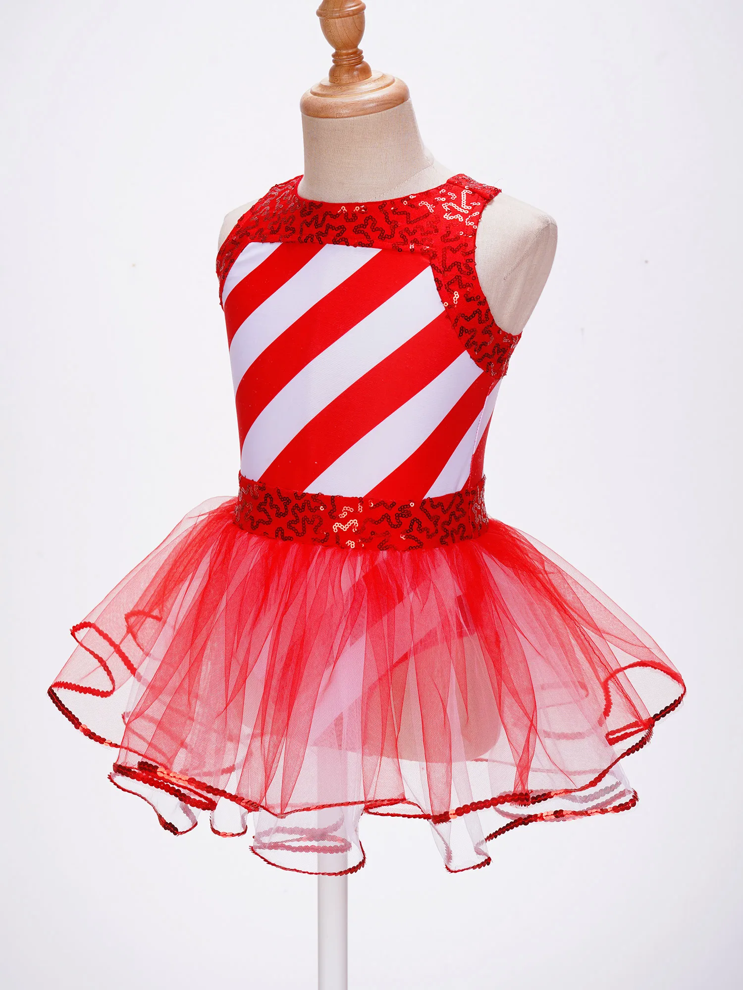 Sequins Striped Christmas Dance Dress Girls Candy Cane Mrs Santa Claus Costume Mesh Tutu Ballet Figure Ice Skating Leotard Dress