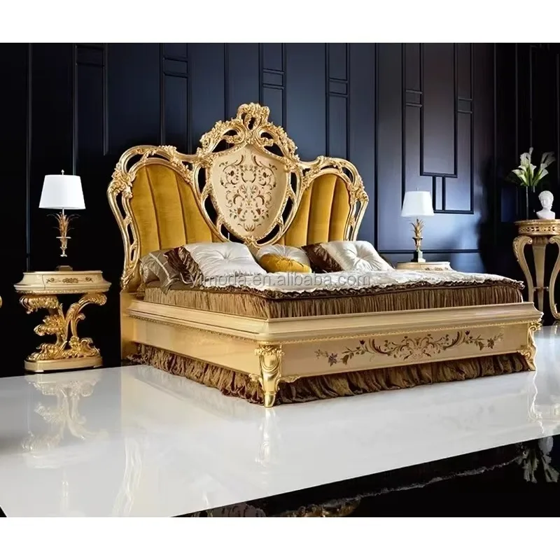 Luxurious French Style Royal European Luxury French Design Solid Wood Bed Room Antique Gold Bedroom Furniture Set