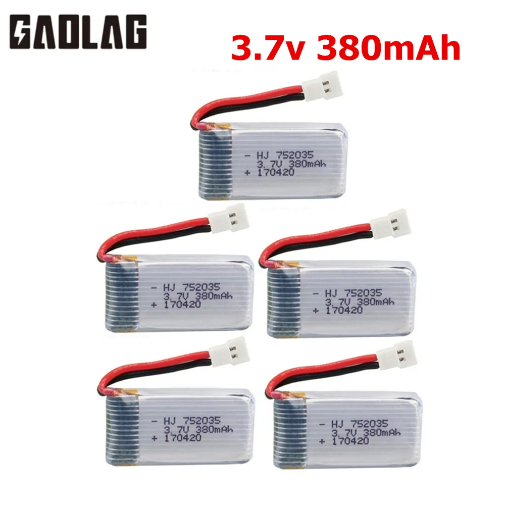 Batteria Lipo per Hubsan X4 H107 H107L H107D JD385 JD388 RC elicottero Drone batteria 752035 3.7v 380mAh batteria da 1 pz a 5 pz