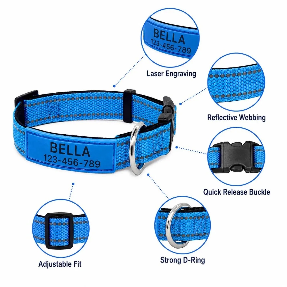 Personalized Reflective Dog Collar with Custom Name ID Tag, Nylon Adjustable Safety Collar for Small Medium Large Dogs, 9 Colors