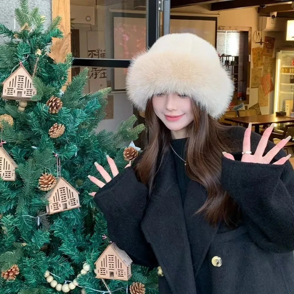 New Warm Fluffy Fur Bucket Hat Cold Snowy Day Panama Cap Cover Head Cap Thicken Fisherman Hat Women