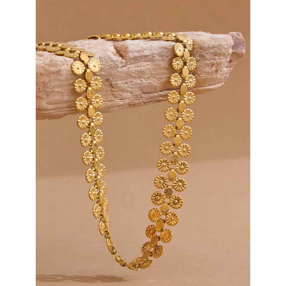 Yhpup  Stainless Steel Coin Flower Chain Fashion Vintage Necklace Bracelet Set Statement Charm Waterproof Gold Color Jewelry
